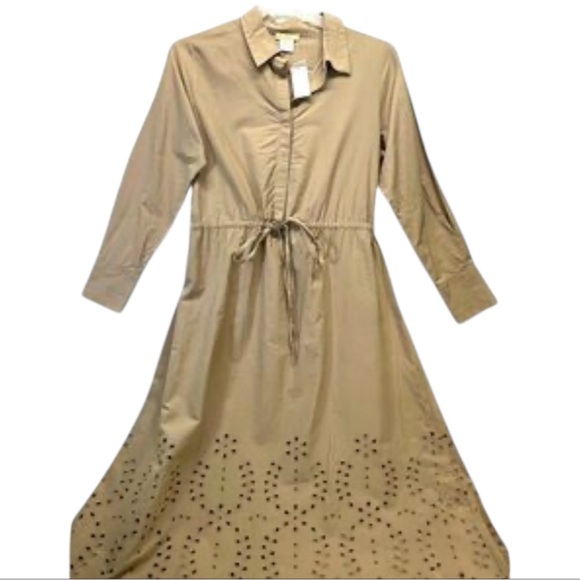 Sweet Magnolia Tan Long Sleeve Cotton Shirt Dress Cutout Hem On Bottom Sz L NWT - Picture 2 of 9
